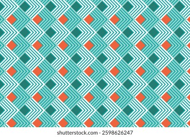 Elegant teal and orange seamless diamond pattern with a striking grid effect. Perfect for sophisticated wallpapers and textile applications.