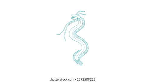 Elegant Teal Outline of a Mythical Dragon Fish. Oarfish.