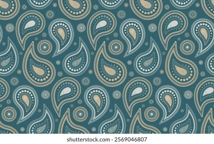 Elegant teal paisley pattern.  Seamless design featuring ornate teardrop shapes and circles in muted beige and green tones. Perfect for textiles, wallpaper, and website backgrounds.