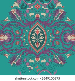 Elegante azul-petróleo e padrão floral roxo com um design perfeito e simétrico. Esta intrincada ilustração vetorial apresenta floreios ornamentados barrocos perfeitos para fundos decorativos, tecido e.