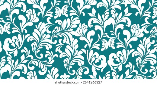 Elegant Teal and White Floral Scrollwork Design, clothes fabric background design, seamless floral elegant damask pattern, featuring swirling, floor carpet vector design, wall art decoration.