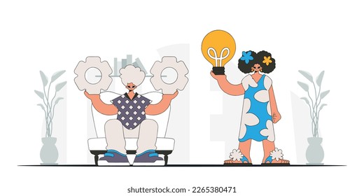 Un equipo elegante genera ideas y resuelve problemas. Bombilla y marchas en sus manos. Tema de la idea. Estilo retro de moda.