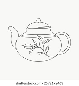 Elegant teapot line art with floral design. Simple teapot illustration featuring delicate leaves. Minimalist teapot drawing for tea lovers. Simple black line art doodle vector.