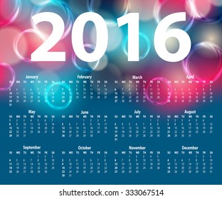 Elegant template for 2016 calendar year in geometric graphic style for poster, site, web design. Abstract modern blurred background. Vector illustration EPS 10.