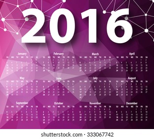 Elegant template for 2016 calendar year in geometric graphic style for poster, site, web design. Abstract modern polygonal background. Vector illustration EPS 10.