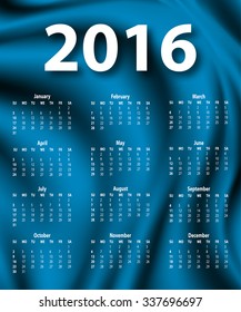 Elegant template for 2016 calendar year in modern graphic style for poster, site, web design. Abstract drapery silk texture blue background. Vector illustration EPS 10.