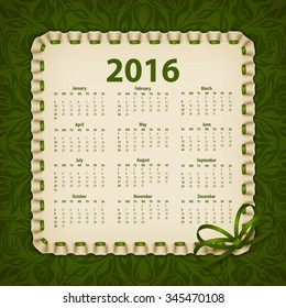 Elegant template for 2016 calendar year with lace ornament, frame, ruffles, ribbons, bow. Filigree decorative elements, vintage, retro style. Ornate floral green background. Vector illustration EPS 10