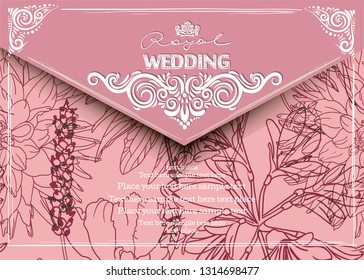 Elegant TEMPLATE CARD the envelope design. Coral pink colored design With floral light decorative elements. Vintage frame and border. Vector