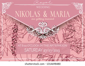 Elegant TEMPLATE CARD the envelope design. Coral pink colored design With floral light decorative elements. Vintage frame and border. Vector