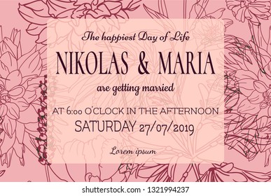 Elegant TEMPLATE CARD Wedding design. Coral pink colored design With floral decorating. Vector