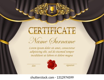 Elegant template of certificate, diploma, lace ornament, shield, ribbon, curtain, wax seal, drapery fabric, place for text. Certificate of achievement, education, awards, winner. Vector illustration