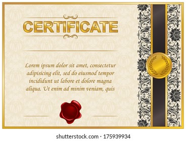 Elegant template of certificate, diploma with lace ornament, wax seal, place for text. Vector illustration EPS 8.