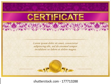 Elegant template of certificate, diploma with lace ornament, ribbon, place for text. Vector illustration EPS 8.