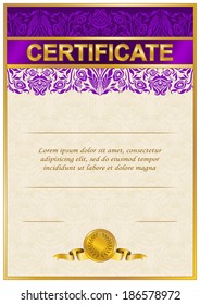 Elegant template of certificate, diploma with lace ornament, ribbon, place for text. Vector illustration EPS 8