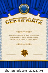 Elegant template of certificate, diploma with lace ornament, ribbon, wax seal, drapery fabric, place for text. Certificate of achievement, education, awards, winner. Vector illustration EPS 10.
