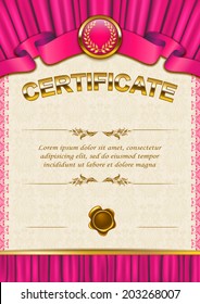Elegant template of certificate, diploma with lace ornament, ribbon, wax seal, drapery fabric, place for text. Certificate of achievement, education, awards, winner. Vector illustration EPS 10.