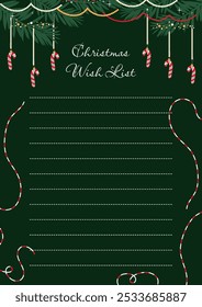 Elegant template for Christmas wish list. Hand drawn vector design on dark green background.