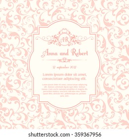 Elegant template with delicate ornamental seamless pattern, monogram, place for text. Design for wedding invitation, greeting card with calligraphic elements Trend color Rose Quartz