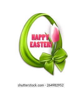 Elegant template for design of invitation, gift, greeting card, flyer with egg, tulip, ribbons, bow, place for text on white background. Festive Happy easter vector illustration EPS 10.