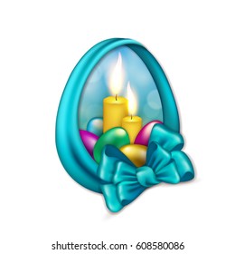 Elegant template for design of invitation, gift, greeting card with eggs, candles, ribbons, bow. Festive Happy easter vector illustration EPS 10.