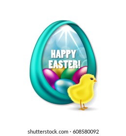 Elegant template for design of invitation, gift, greeting card with eggs, chick, ribbons. Festive Happy easter vector illustration EPS 10.
