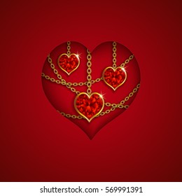 Elegant template for design of luxury invitation, gift, greeting card, postcard with heart frame, chains, diamonds. Happy Valentine's day festive paper background. Vector illustration EPS 10.