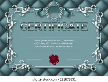 Elegant template of diploma with decoration of filigree pattern, ribbon, wax seal, laurel wreath, button-tufted texture, place for text. Certificate of achievement, education, awards, winner. EPS 10.