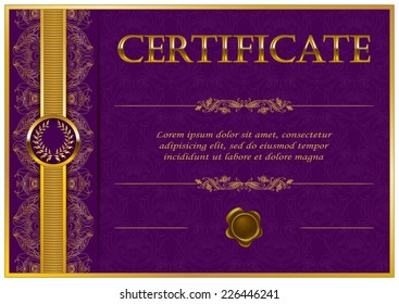 Elegant template of diploma with decoration of lace pattern, ribbon, wax seal, laurel wreath, place for text. Certificate of achievement, education, awards, winner. Vector illustration EPS 10.