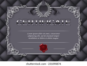 Elegant template of diploma with decoration of lace pattern, ribbon, wax seal, laurel wreath, texture, place for text. Certificate of achievement, education, awards, winner. Vector illustration EPS 10