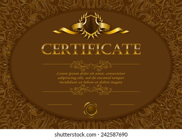 Elegant template of diploma with decoration of lace pattern, ribbon, wax seal, shield, laurel wreath, place for text. Certificate of achievement, education, awards, winner. Vector illustration EPS 10.