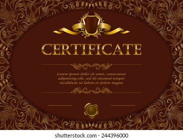 Elegant template of diploma with decoration of lace pattern, ribbon, wax seal, shield, laurel wreath, place for text. Certificate of achievement, education, awards, winner. Vector illustration EPS 10.