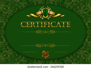 Elegant template of diploma with decoration of lace pattern, ribbon, wax seal, shield, laurel wreath, place for text. Certificate of achievement, education, awards, winner. Vector illustration EPS 10.