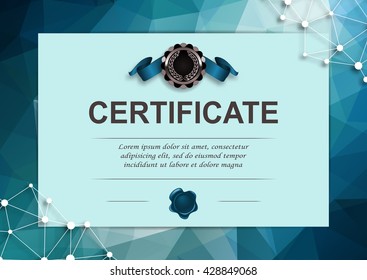 Elegant template of diploma with decoration of ribbon, wax seal, place for text. Certificate of achievement, education, award, winner in geometric graphic style. Vector illustration EPS10