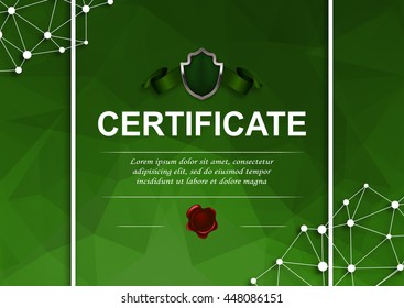 Elegant template of diploma with decoration of ribbon, wax seal, place for text. Certificate of achievement, education, award, winner in geometric graphic style. Vector illustration EPS10