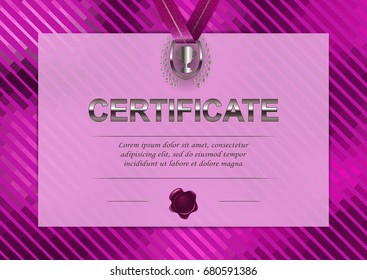 Elegant template of diploma with decoration of ribbon, wax seal, place for text. Certificate of achievement, education, award, winner in abstract graphic style. Vector illustration EPS10