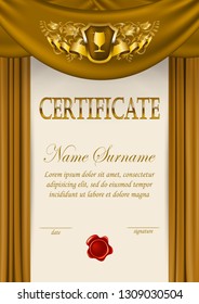 Elegant template of diploma, filigree lace pattern, shield, ribbon, curtain, wax seal, drapery fabric, place for text. Luxury certificate of achievement, education, awards, winner. Vector illustration