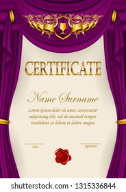 Elegant template of diploma, filigree lace pattern, shield, ribbon, curtain, wax seal, drapery fabric, place for text. Luxury certificate of achievement, education, awards, winner. Vector illustration