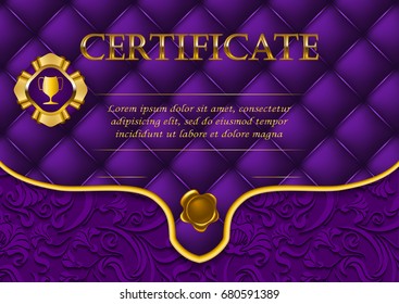 Elegant template of diploma with floral ornament, ribbons, champion cup, laurel wreath, place for text. Certificate of achievement, education, award, winner. Vector illustration EPS 10.