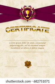 Elegant template of diploma with lace floral ornament, champion cup, shield, ribbons, wax seal, badge, place for text. Certificate of achievement, education, award, winner. Vector illustration EPS 10.