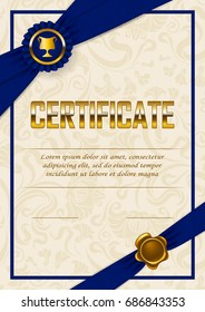 Elegant template of diploma with lace floral ornament, champion cup, ribbons, wax seal, badge, place for text. Certificate of achievement, education, award, winner. Vector illustration EPS 10.