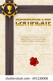 Elegant template of diploma with lace floral ornament, champion cup, ribbons, wax seal, badge, place for text. Certificate of achievement, education, award, winner. Vector illustration EPS 10.
