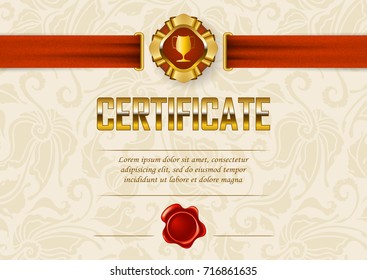 Elegant template of diploma with lace floral ornament, champion cup, ribbons, wax seal, badge, place for text. Certificate of achievement, education, award, winner. Vector illustration EPS 10.
