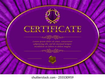 Elegant template of diploma with lace ornament, ribbon, wax seal, drapery fabric, place for text. Certificate of achievement, education, awards, winner. Vector illustration EPS 10.