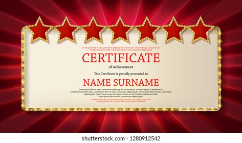 Elegant template of diploma , place for text. Certificate of achievement, education, awards, winner. Vintage style of old cinema. On the background of the curtain. Vector illustration EPS 10.
