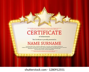 Elegant template of diploma , place for text. Certificate of achievement, education, awards, winner. Vintage style of old cinema. On the background of the curtain. Vector illustration EPS 10.
