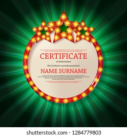 Elegant template of diploma , place for text. Certificate of achievement, education, awards, winner. Vintage style of old cinema. On the background of the curtain. Vector illustration EPS 10.