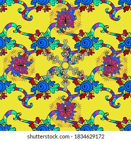 The elegant the template for fashion prints. Amazing seamless floral pattern with bright colorful flowers and leaves on a blue, black and yellow colors. Modern floral background. Folk style.