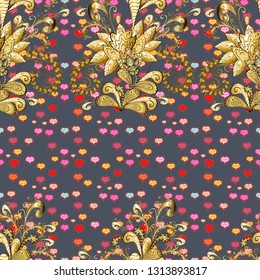 The elegant the template for fashion prints. Folk style. Amazing seamless floral pattern with bright colorful flowers and leaves on a blue, brown and yellow colors. Modern floral background.