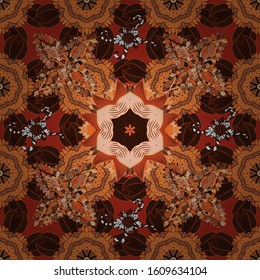 The elegant the template for fashion prints. Modern floral background. Amazing seamless floral pattern with bright colorful flowers and leaves on a black, brown and orange colors. Folk style.