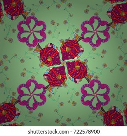 The elegant the template for fashion prints. Modern floral background. Amazing seamless floral pattern with bright colorful flowers and leaves on a green, purple and magenta colors. Folk style.